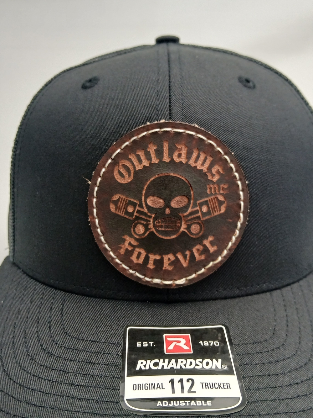 Richardson 112 Black Trucker Hat with Outlaws Forever Leather Patch